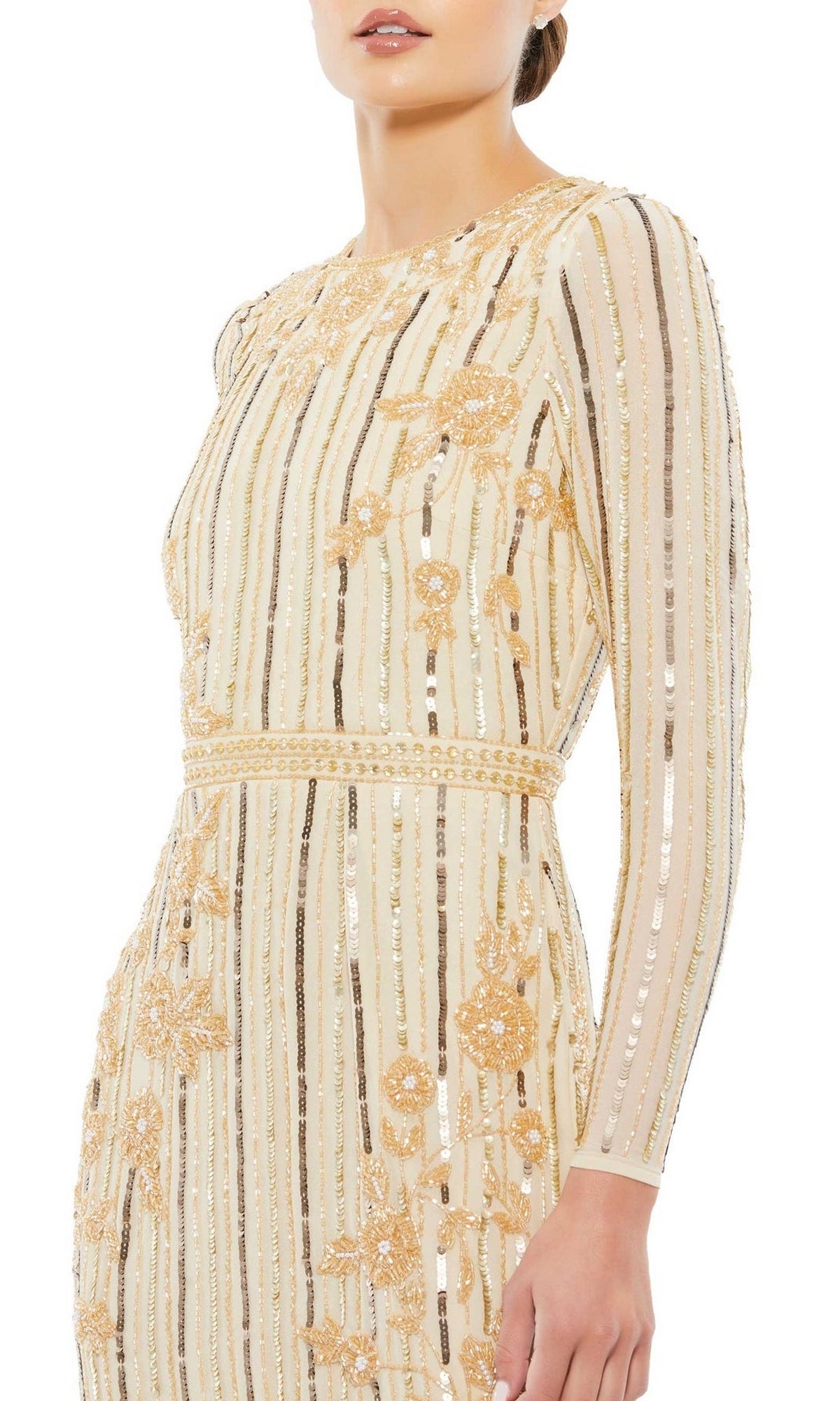 Woman wearing the Midi Sequin Wedding Guest Dress: Mac Duggal 93627, featuring gold sequin stripes and floral embellishments, with long sleeves; photographed from the waist up.